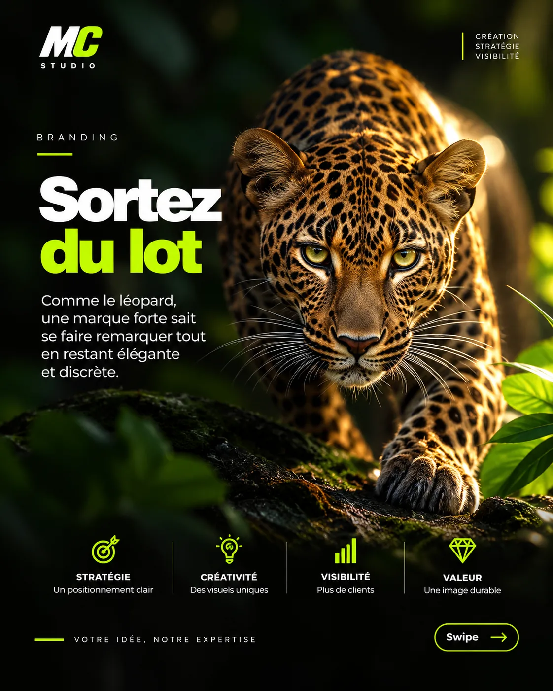 Affiche « Sortez du lot » avec un léopard